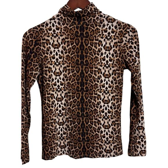 Cliche Stretch Jersey Cotton Blend Leopard Animal Print Turtleneck Size Small - Picture 1 of 8